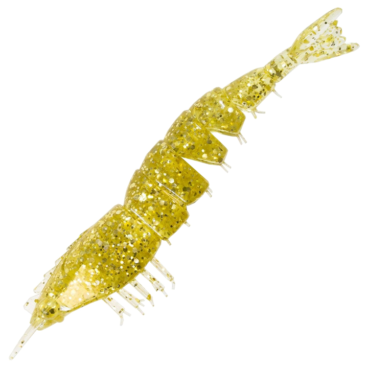 Z-Man EZ ShrimpZ Unrigged Jigi 3.5", väri Gold Flake: läpikuultava runko ja kultaiset hileet