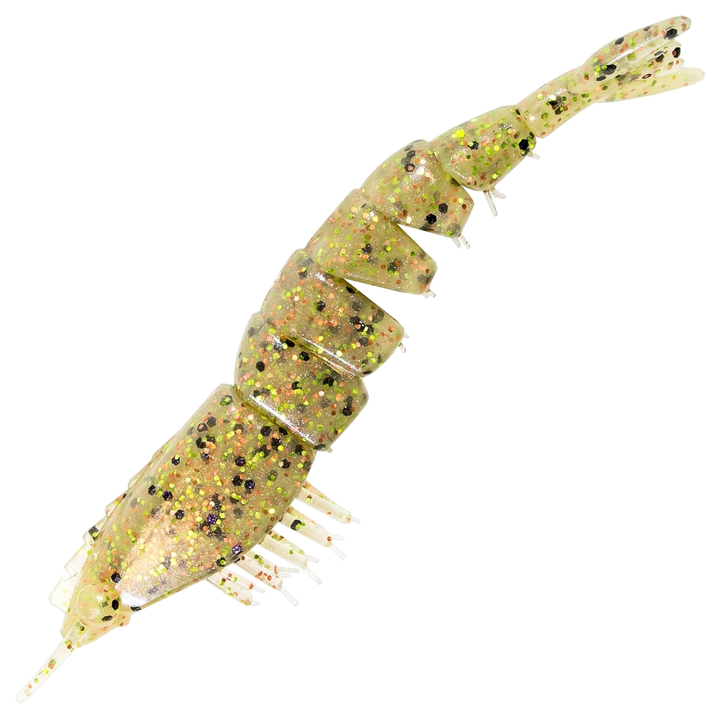 Z-Man EZ ShrimpZ Unrigged Jigi 3.5", väri Greasy Prawn: läpikuultava kellanruskea runko ja tummat pilkut