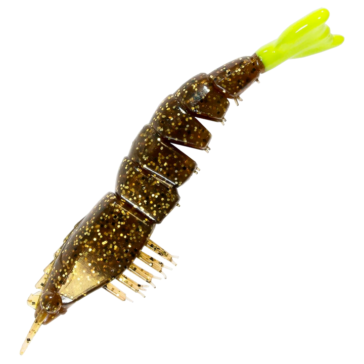 Z-Man EZ ShrimpZ Unrigged Jigi 3.5", väri RootBeer/Chaertreuse Tail: ruskea runko ja kellanvihreä pyrstö