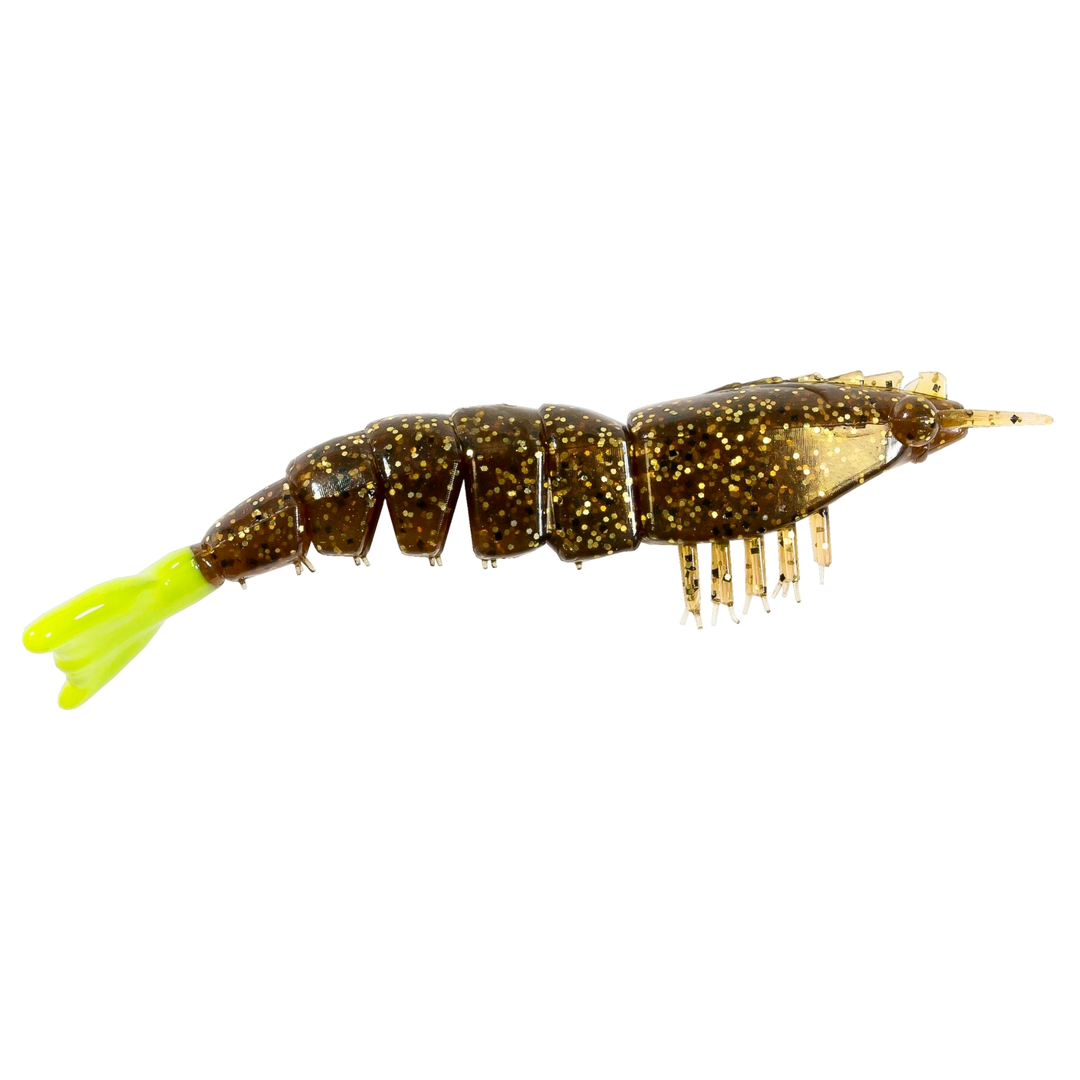 Z-Man EZ ShrimpZ Unrigged Jigi 3.5" RootBeer/Chaertreuse Tail sivulta, pää oikealla