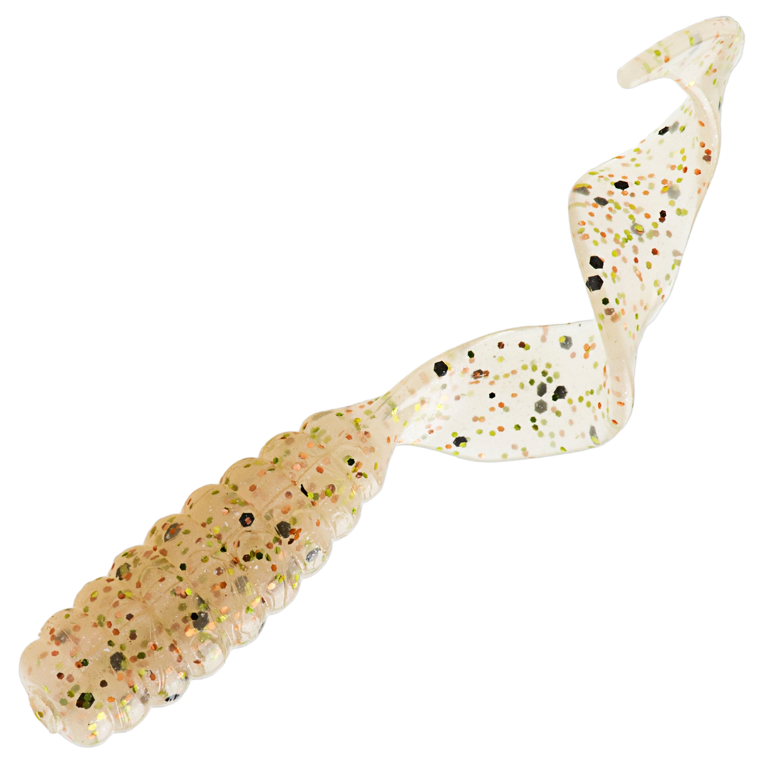 Z-Man GrubZ Jigi 2.5", väri Greasy Prawn: läpikuultava kellanruskea runko ja tummat pilkut