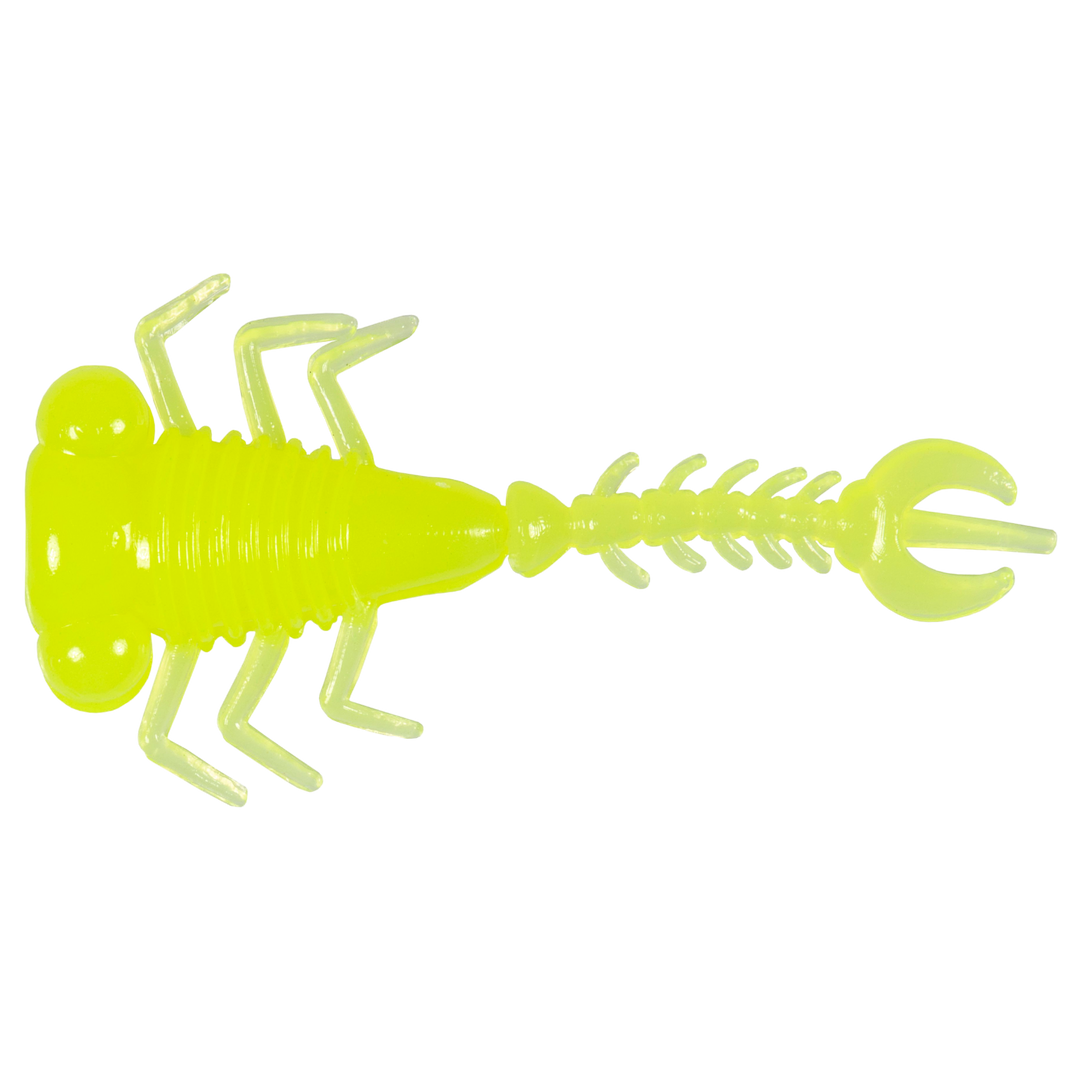 Z-Man LarvaZ Jigi 1.75" Hot Chartreuse ylhäältä, pää vasemmalla