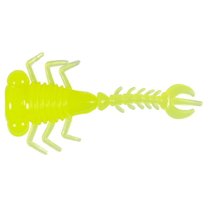 Z-Man LarvaZ Jigi 1.75" Hot Chartreuse ylhäältä, pää vasemmalla