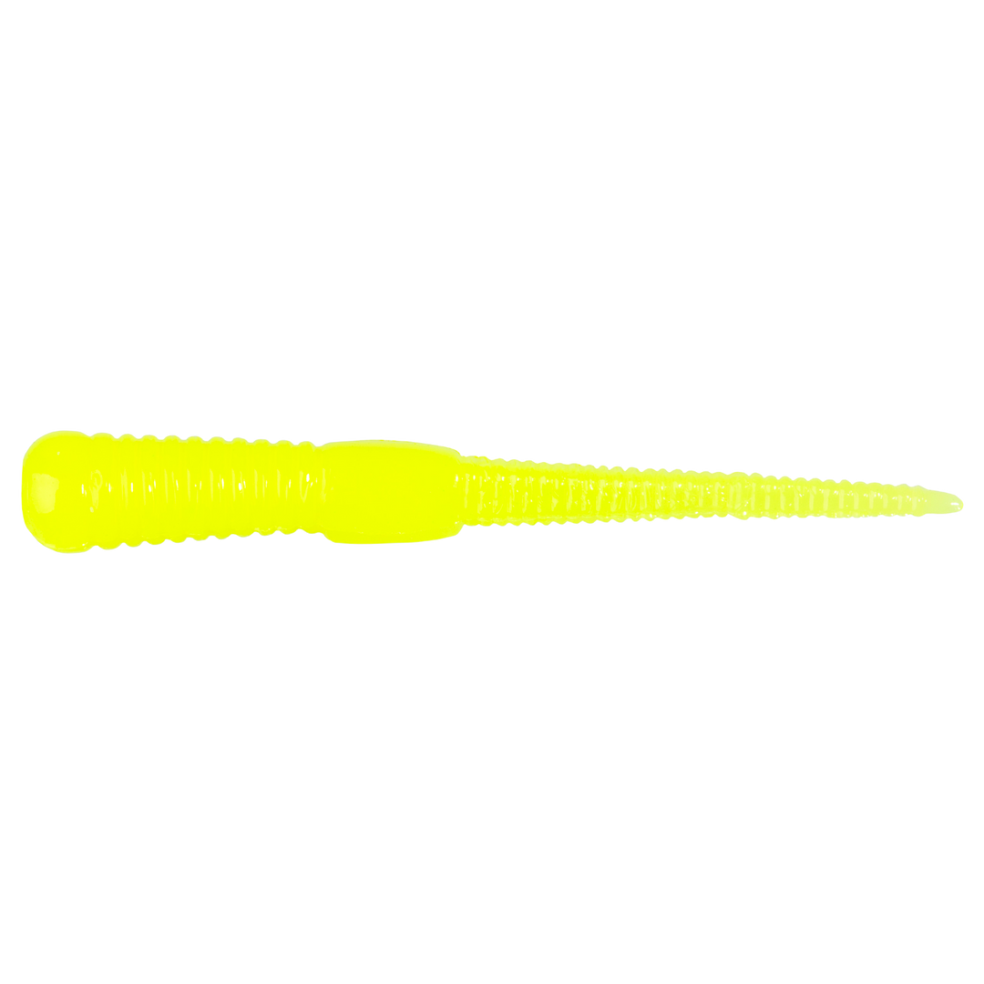 Z-Man Micro WormZ Jigi 2" Hot Chartreuse sivulta, pää vasemmalla