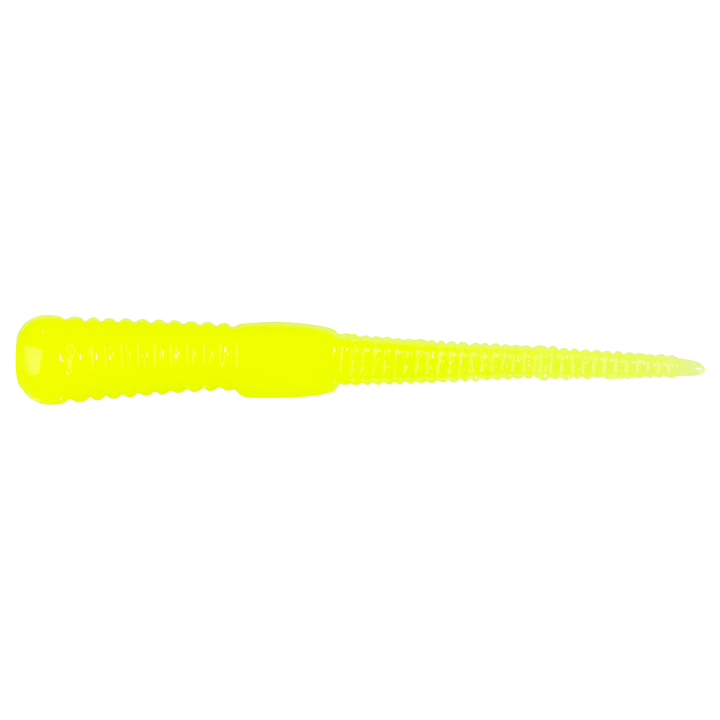 Z-Man Micro WormZ Jigi 2" Hot Chartreuse sivulta, pää vasemmalla