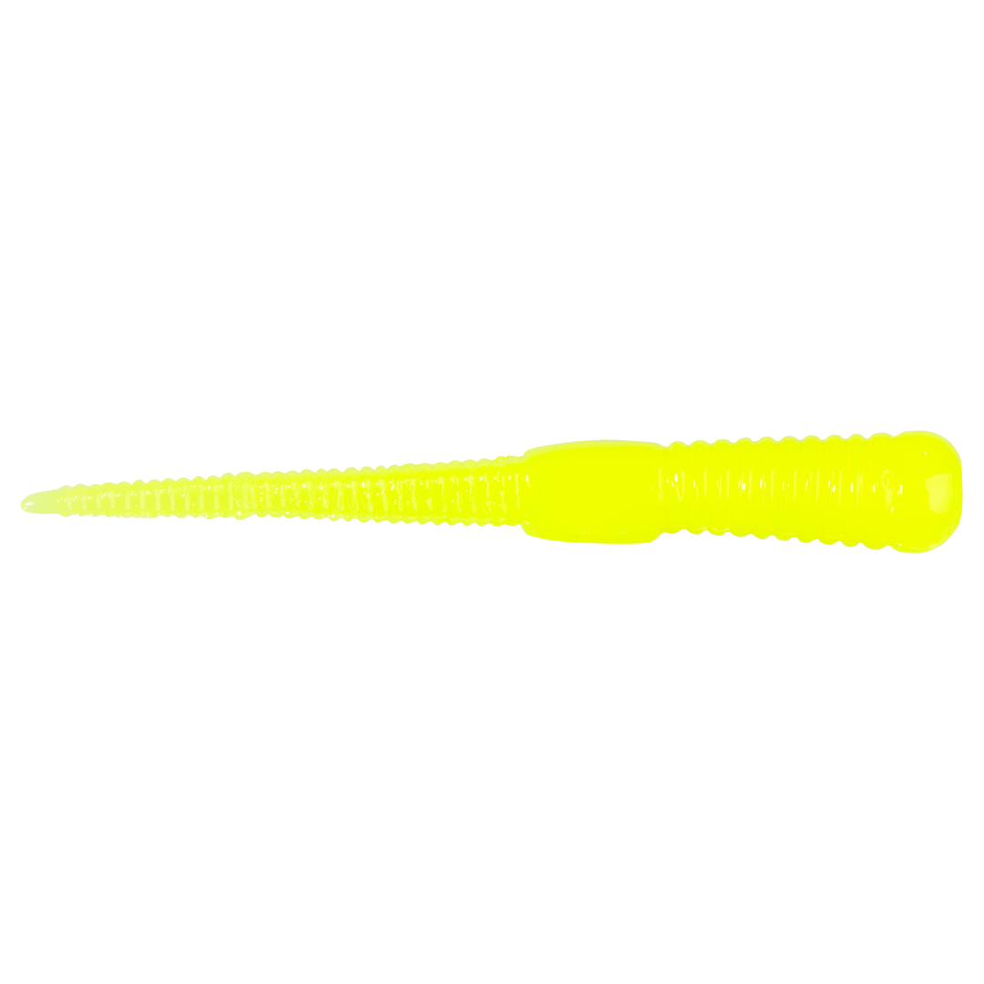 Z-Man Micro WormZ Jigi 2" Hot Chartreuse sivulta, pää oikealla