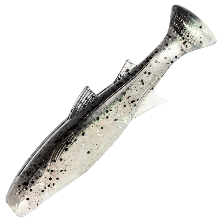 Z-Man Mulletron Jigi 3.3", väri Bad Shad: läpikuultava harmaa runko ja mustat pilkut
