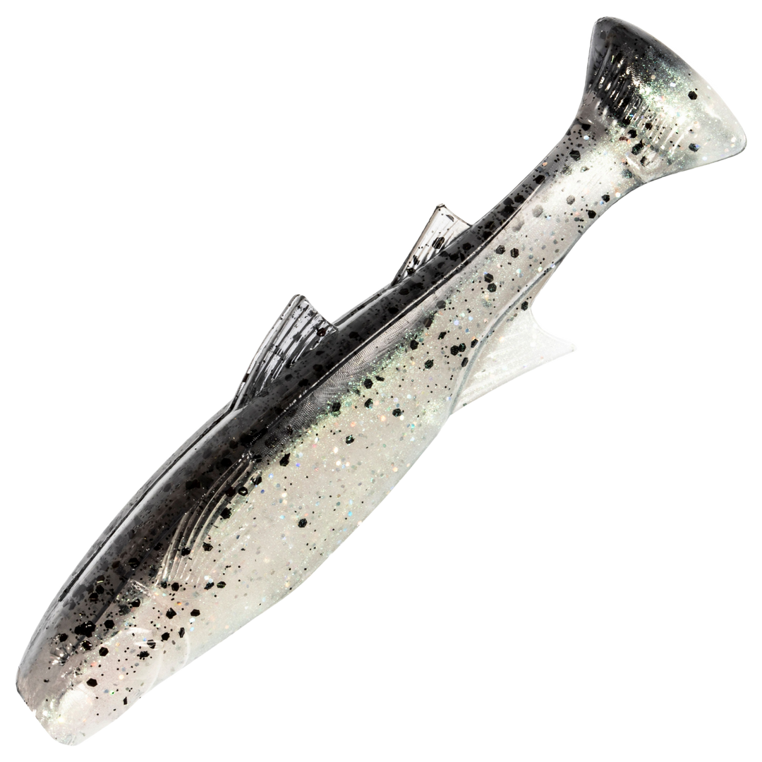Z-Man Mulletron Jigi 4", väri Bad Shad: läpikuultava harmaa runko ja mustat pilkut