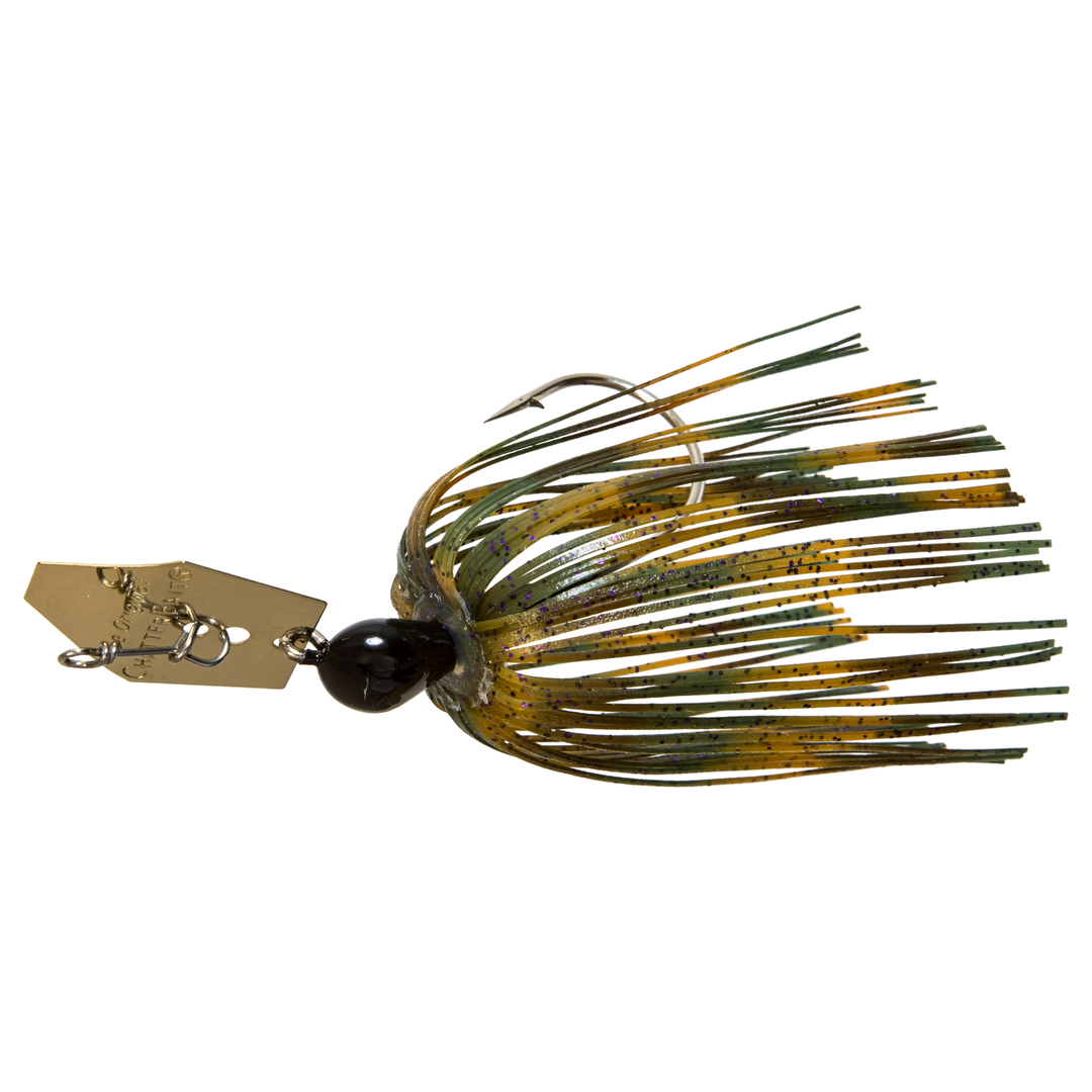Z-Man Original Chatterbait 14g Green Pumpkin/Purple sivulta, pää vasemmalla