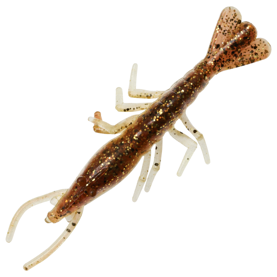 Z-Man Scented ShrimpZ Jigi 3", väri Rootbeer Gold: ruskea runko ja kultaiset hileet