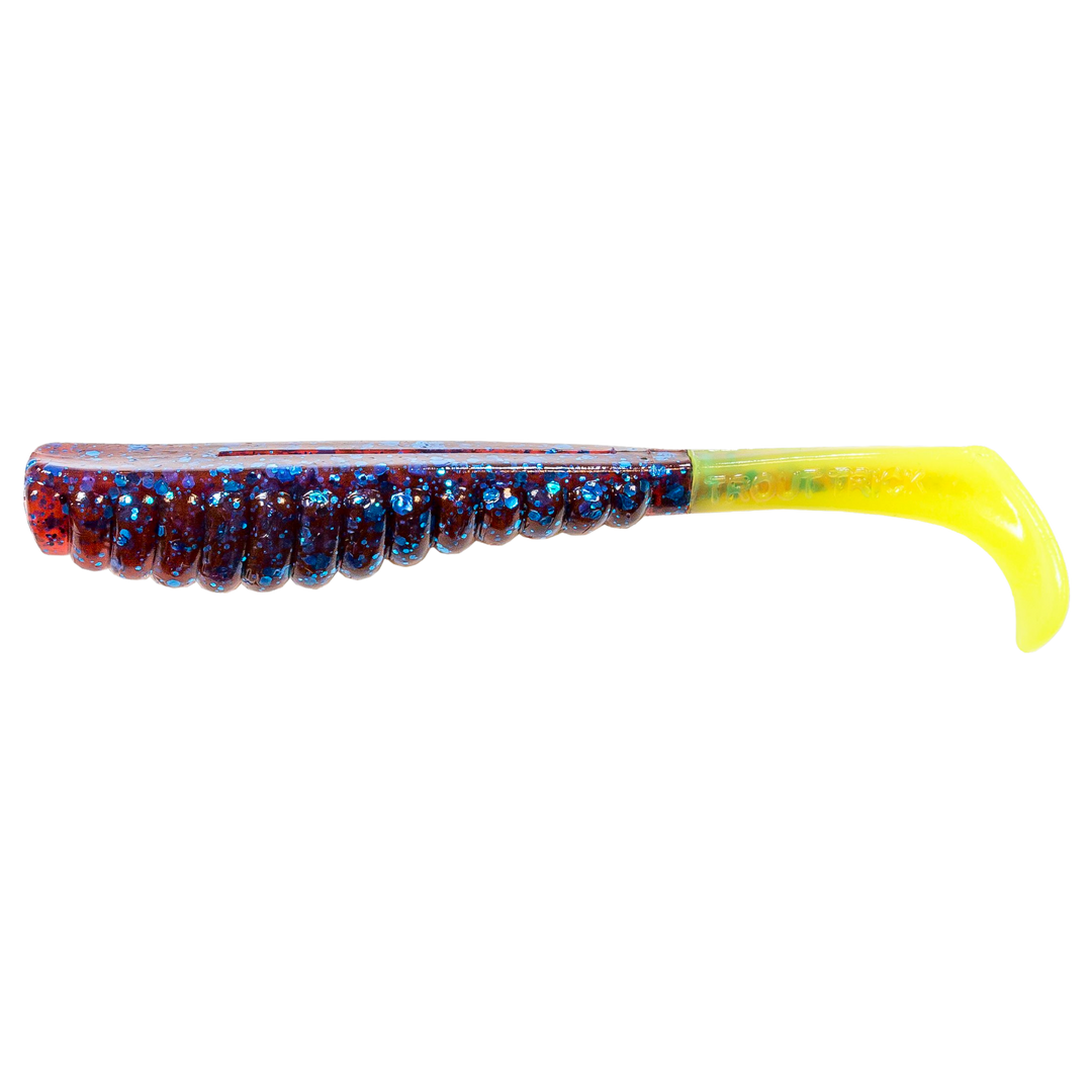 Z-Man Swimmin Trout Trick Jigi 3.5" Plum/Chartreuse Tail sivulta, pää vasemmalla