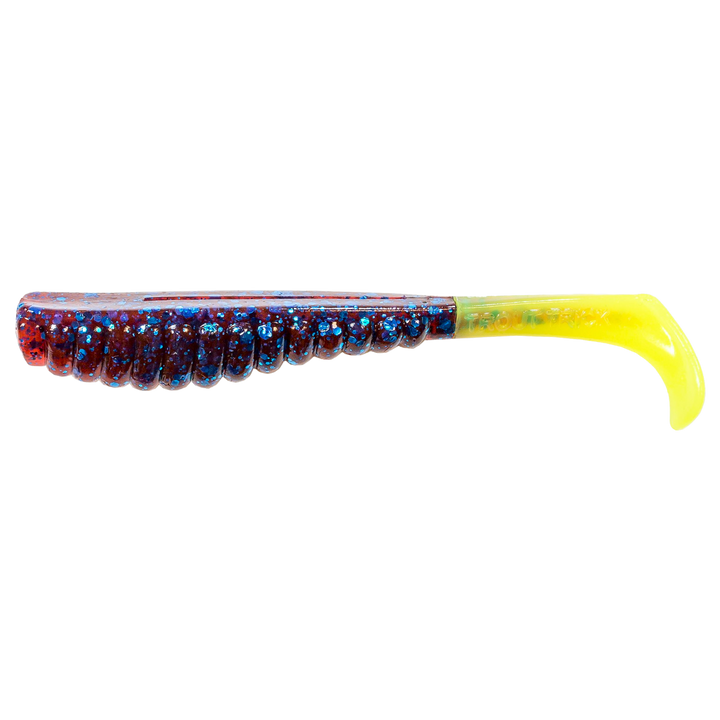 Z-Man Swimmin Trout Trick Jigi 3.5" Plum/Chartreuse Tail sivulta, pää vasemmalla
