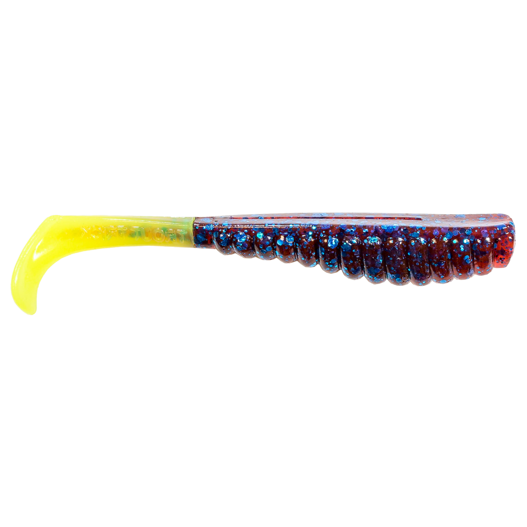 Z-Man Swimmin Trout Trick Jigi 3.5" Plum/Chartreuse Tail sivulta, pää oikealla