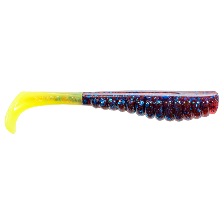 Z-Man Swimmin Trout Trick Jigi 3.5" Plum/Chartreuse Tail sivulta, pää oikealla