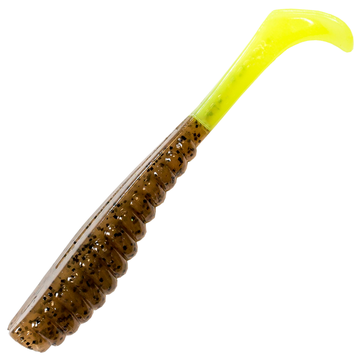 Z-Man Swimmin Trout Trick Jigi 3.5", väri Pumpkin/Chartreuse: ruskea runko ja kellanvihreä pyrstö
