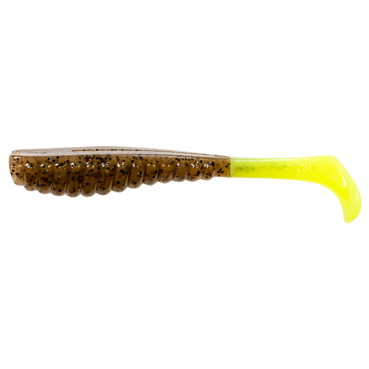 Z-Man Swimmin Trout Trick Jigi 3.5" Pumpkin/Chartreuse sivulta, pää vasemmalla