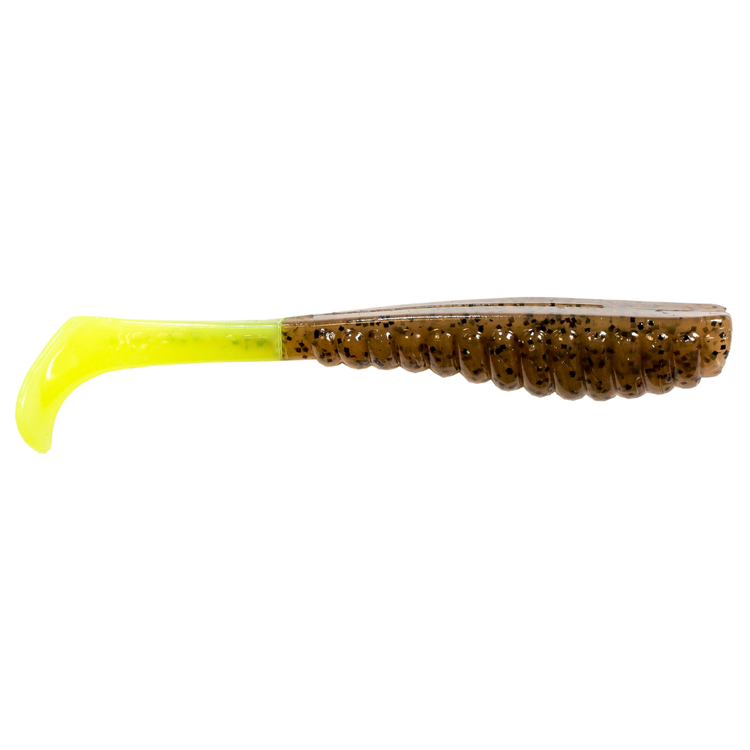 Z-Man Swimmin Trout Trick Jigi 3.5" Pumpkin/Chartreuse sivulta, pää oikealla
