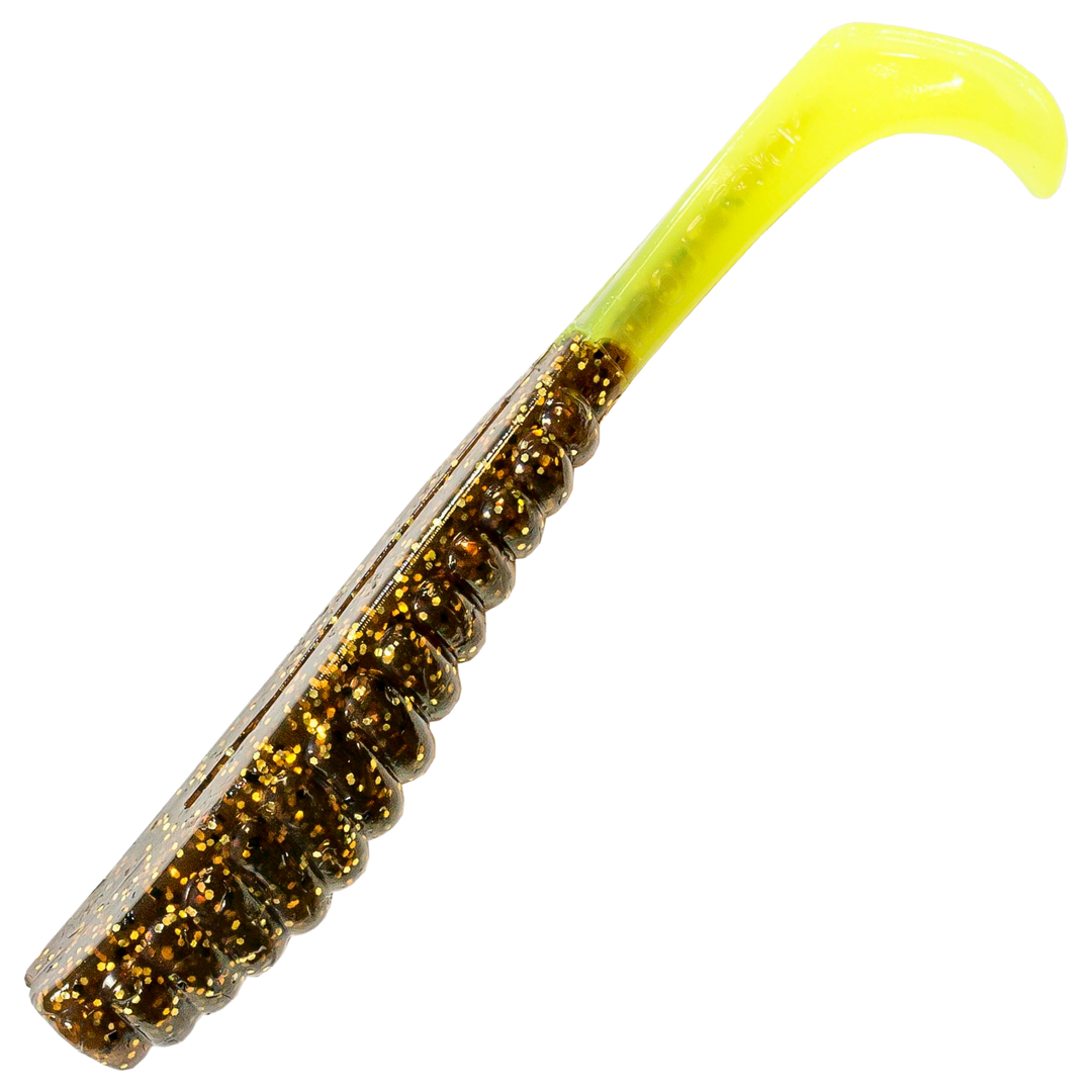 Z-Man Swimmin Trout Trick Jigi 3.5", väri Rootbeer/Chartreuse Tail: ruskea runko ja kellanvihreä pyrstö