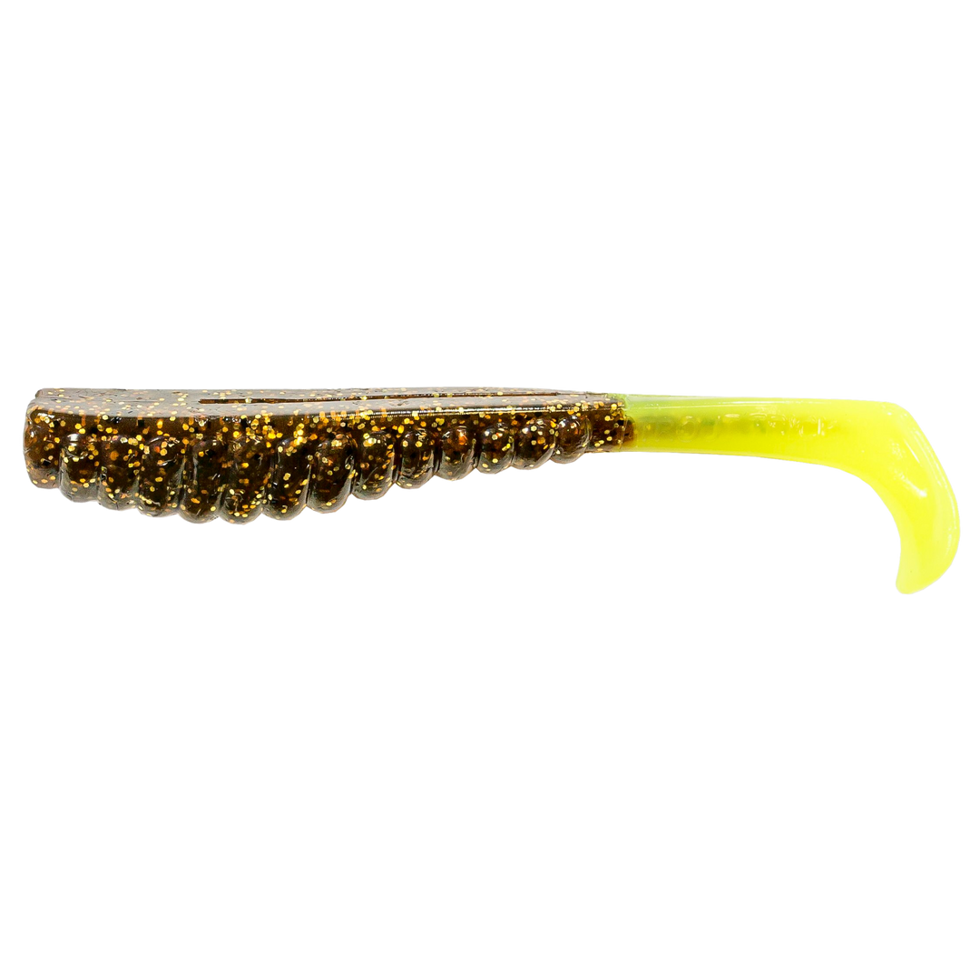 Z-Man Swimmin Trout Trick Jigi 3.5" Rootbeer/Chartreuse Tail sivulta, pää vasemmalla