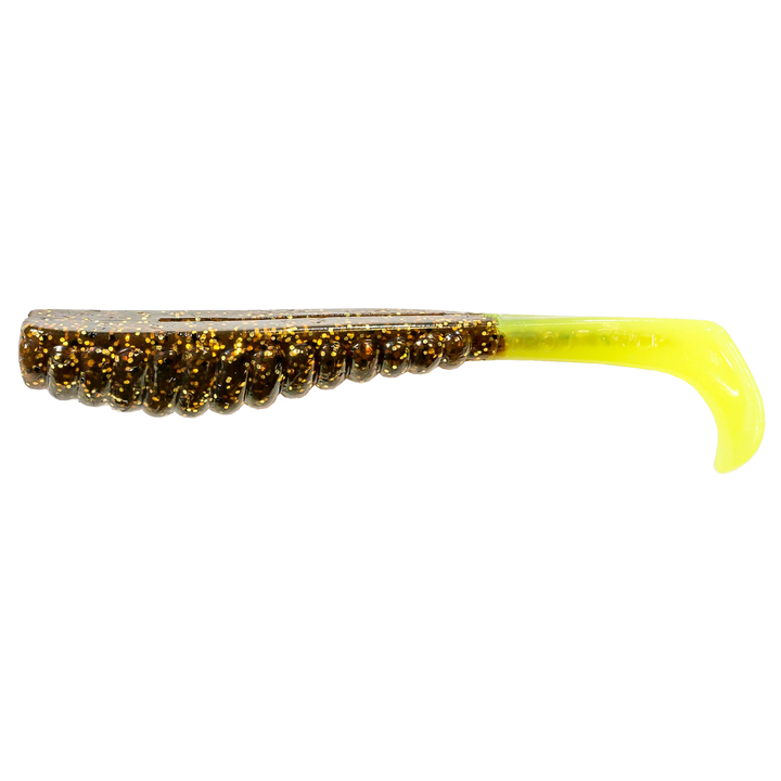Z-Man Swimmin Trout Trick Jigi 3.5" Rootbeer/Chartreuse Tail sivulta, pää vasemmalla