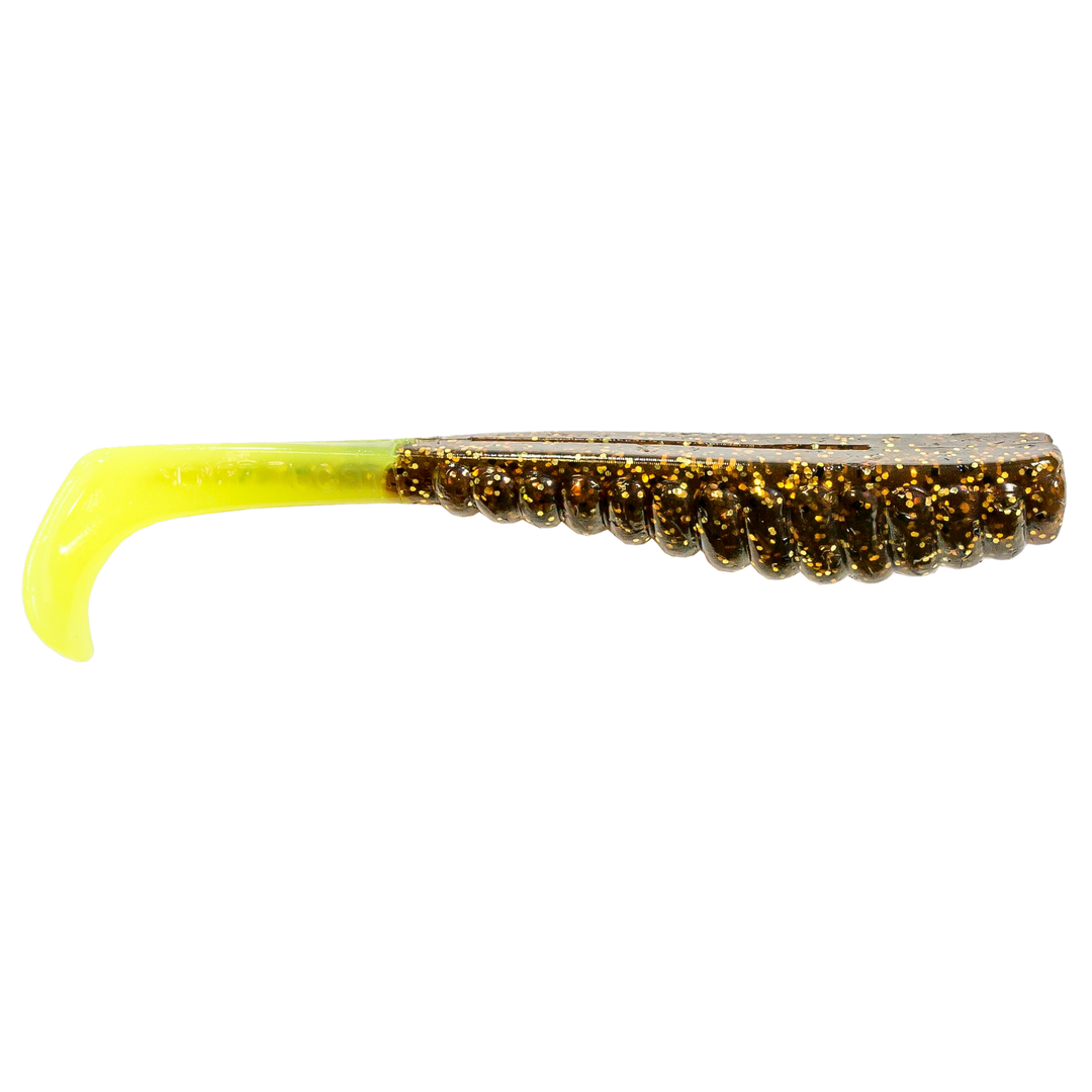 Z-Man Swimmin Trout Trick Jigi 3.5" Rootbeer/Chartreuse Tail sivulta, pää oikealla