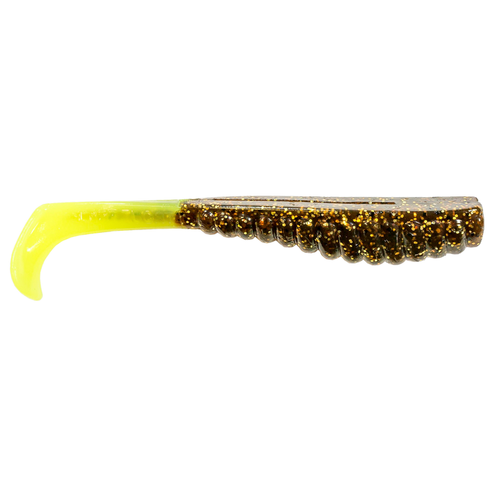 Z-Man Swimmin Trout Trick Jigi 3.5" Rootbeer/Chartreuse Tail sivulta, pää oikealla