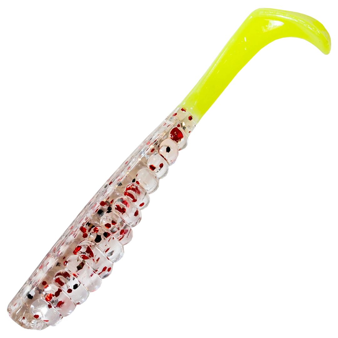 Z-Man Swimmin Trout Trick Jigi 3.5", väri Shrimp Po´Boy: läpikuultava runko, punaiset pilkut ja kellanvihreä pyrstö