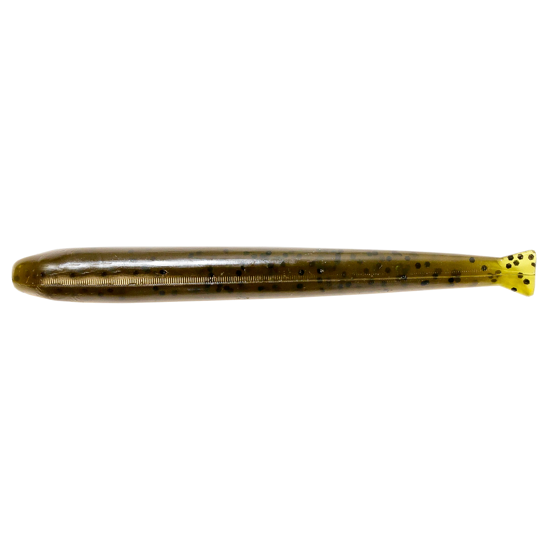 Z-Man TRD MinnowZ Jigi 3.5" Green Pumpkin sivulta, pää vasemmalla