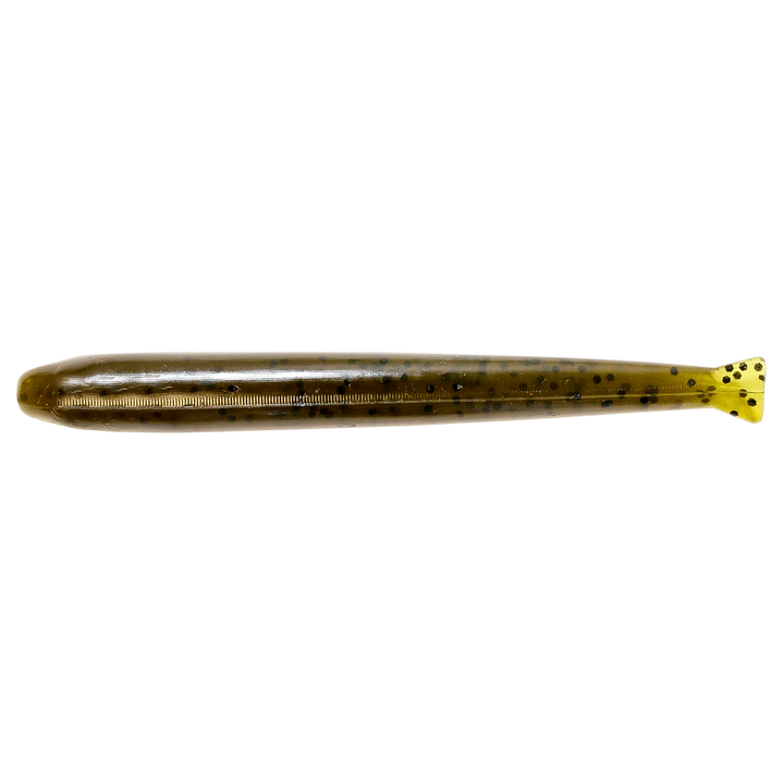 Z-Man TRD MinnowZ Jigi 3.5" Green Pumpkin sivulta, pää vasemmalla