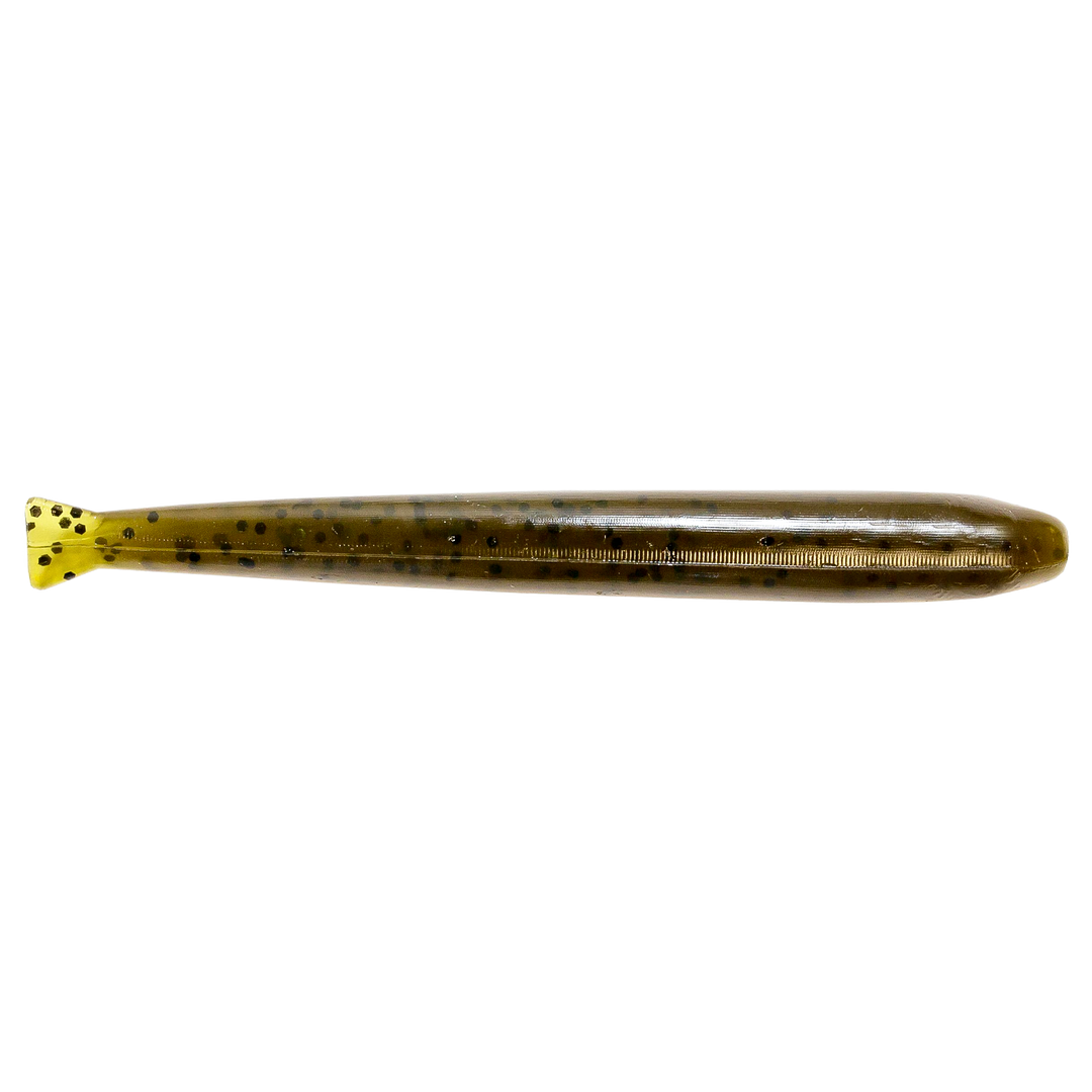 Z-Man TRD MinnowZ Jigi 3.5" Green Pumpkin sivulta, pää oikealla