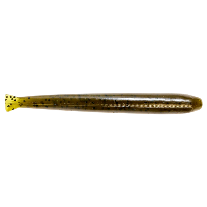 Z-Man TRD MinnowZ Jigi 3.5" Green Pumpkin sivulta, pää oikealla