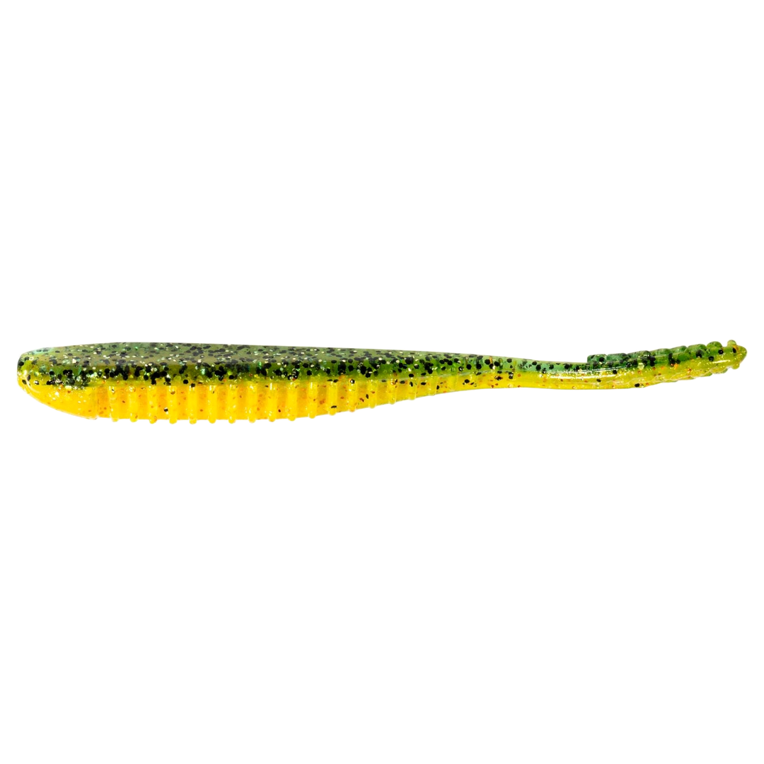 Z-Man Trick ShotZ Jigi 3.5" Pro Yellow Perch sivulta, pää vasemmalla