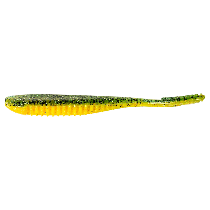 Z-Man Trick ShotZ Jigi 3.5" Pro Yellow Perch sivulta, pää vasemmalla