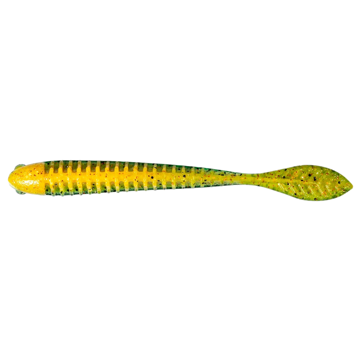 Z-Man Trick ShotZ Jigi 3.5" Pro Yellow Perch alapuolelta, pää vasemmalla